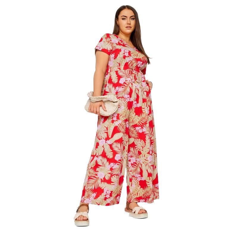 YOURS Plus Size Red Tropical Print Wide Leg Jumpsuit | Yours Clothing 7