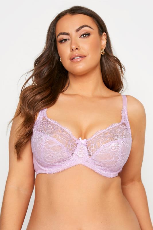 Plus Size Lilac Purple Stretch Lace Non-Padded Underwired Balcony Bra | Yours Clothing  1