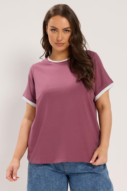 YOURS Plus Size Pink Contrast Trim Ringer T-Shirt | Yours Clothing 1
