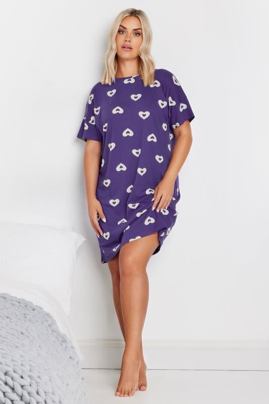 YOURS Plus Size Purple Heart Print Sleep Tee Nightdress | Yours Clothing 2