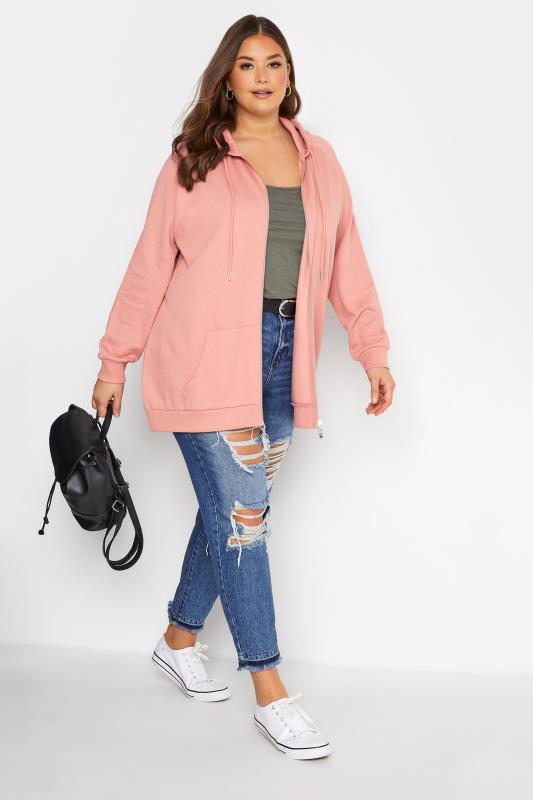 Plus Size Pink Basic Zip Through Hoodie | Yours Clothing  2