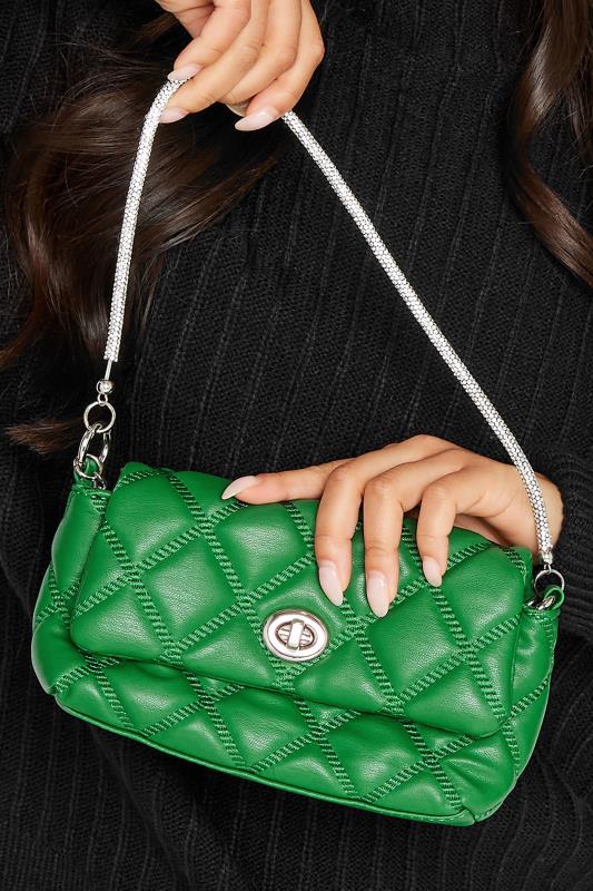  Green Quilted Diamante Strap Cross Body Bag