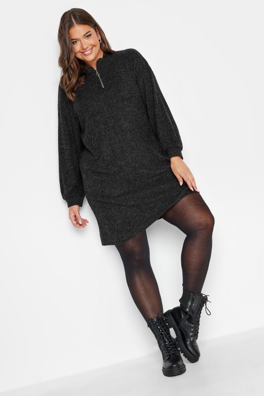  Grande Taille YOURS Curve Charcoal Grey Soft Touch Zip Neck Jumper Dress