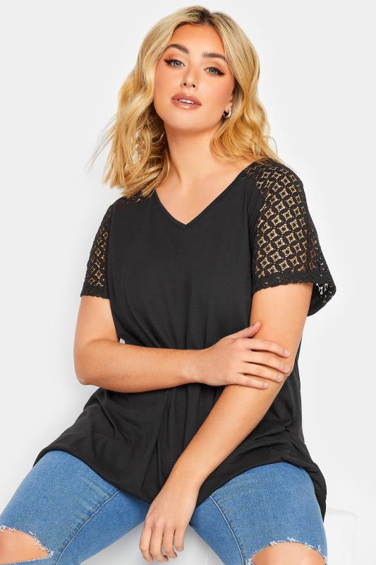 YOURS Curve Plus Size Hot Pink Lace Sleeve T-Shirt | Yours Clothing  4