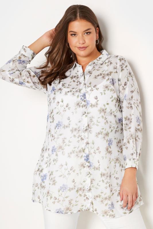 Plus Size White & Blue Floral Print Button Through Shirt | Yours Clothing 1