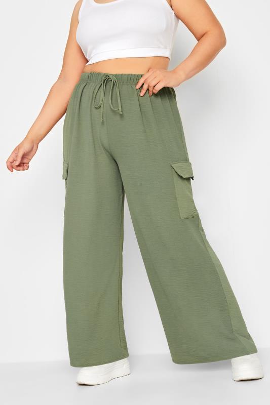 YOURS Plus Size Khaki Green Wide Leg Crepe Cargo Trousers | Yours Clothing 2