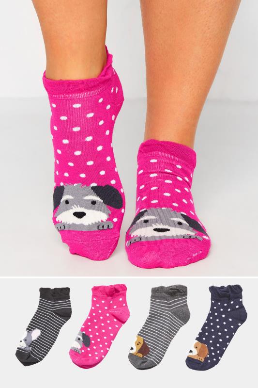 4 PACK Pink Dog Print Trainer Liner Socks 1