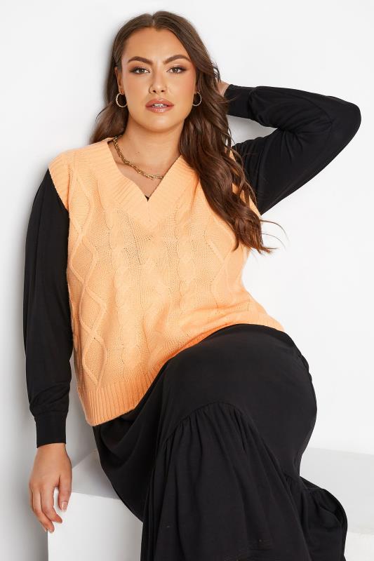 Plus Size Bright Orange Cable Knit Sweater Vest Top | Yours Clothing 1