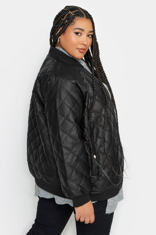 YOURS Plus Size Curve Black Quilted Faux Leather Bomber Jacket | Yours Clothing  5
