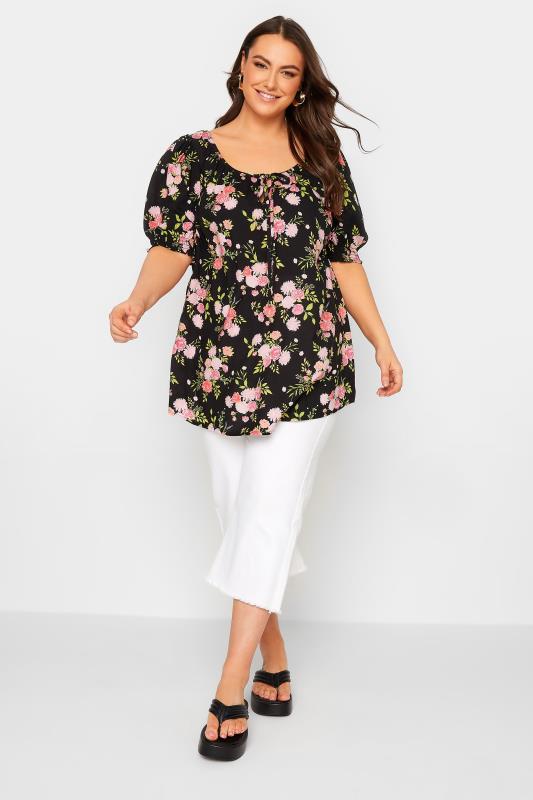 YOURS Plus Size Black Floral Tie Front Gypsy Top | Yours Clothing 2