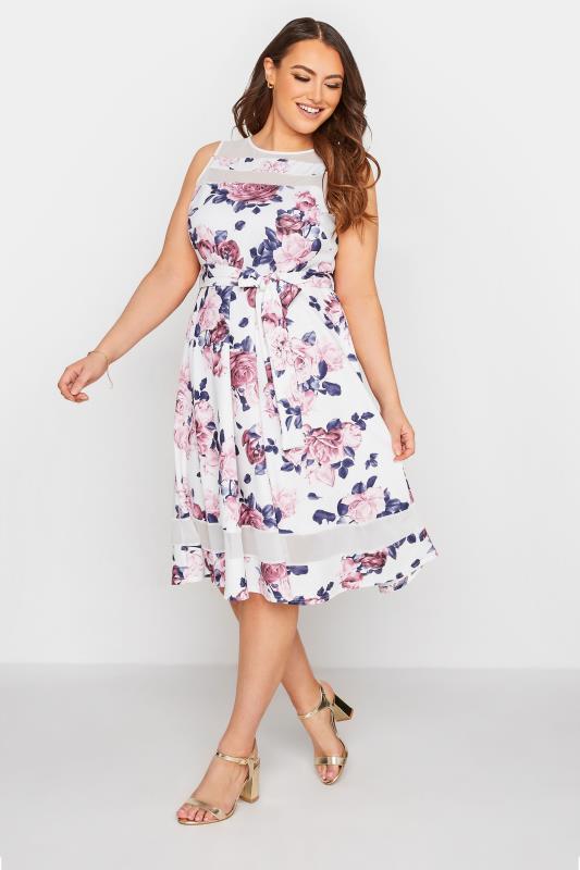 YOURS LONDON Plus Size White Floral Mesh Panel Skater Dress | Yours Clothing 2