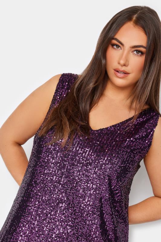YOURS LONDON Plus Size Purple Sequin Swing Vest Top | Yours Clothing 5