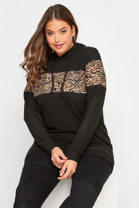 Plus Size Black Animal Print Colour Block Soft Touch Hoodie | Yours Clothing 1