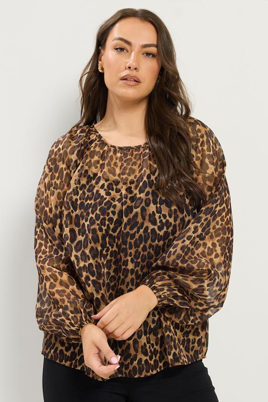 YOURS Plus Size Brown Leopard Chiffon Top | Yours Clothing 1
