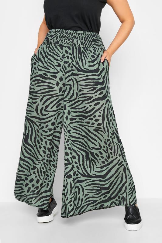 Plus Size  YOURS Curve Green Animal Print Wide Leg Trousers