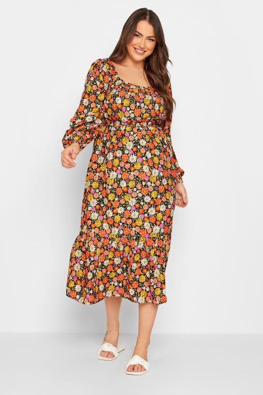 Plus Size Black & Orange Floral Print Balloon Sleeve Midaxi Dress | Yours Clothing 1