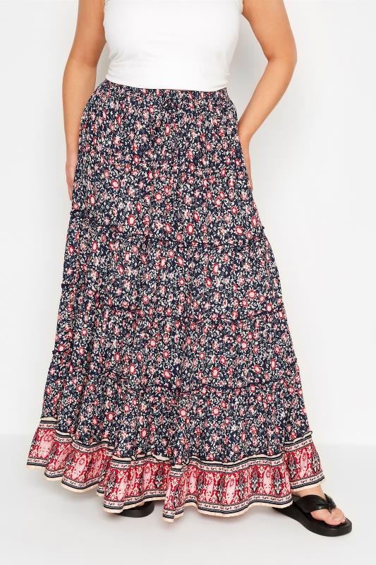  Grande Taille Curve Navy Blue Floral Tiered Gypsy Maxi Skirt