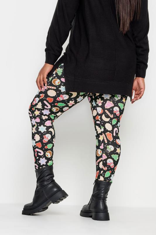 YOURS Plus Size Black Christmas Cookie Print Leggings | Yours Clothing 3