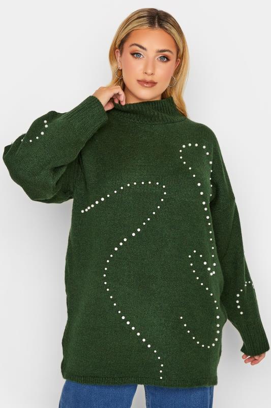 Plus Size  YOURS LUXURY Curve Green Pearl Embellished Batwing Jumper