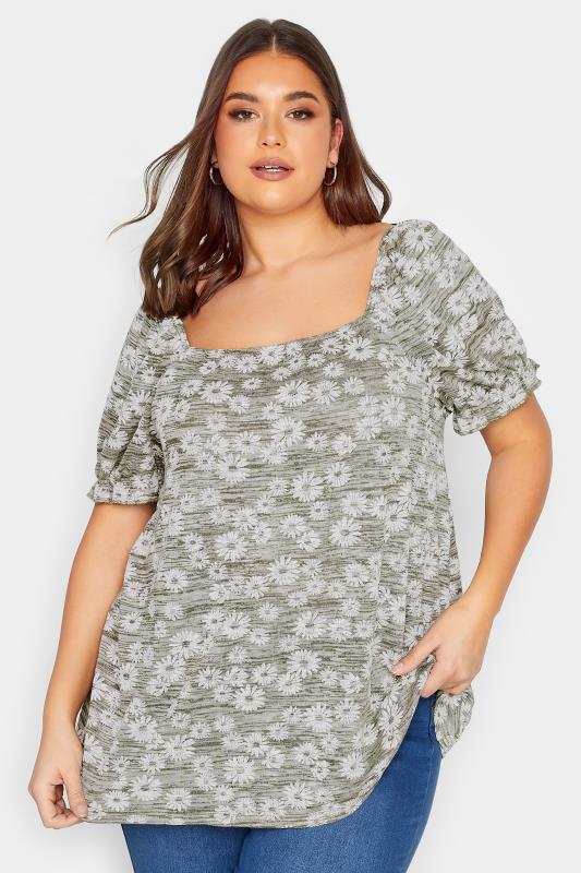 Plus Size  YOURS Curve Green Marl Ditsy Floral Top