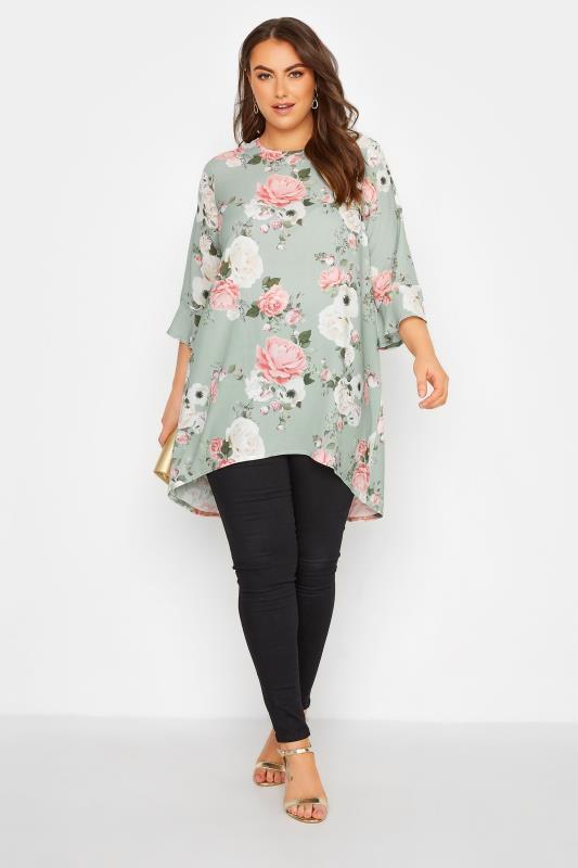 YOURS LONDON Curve Sage Green Floral Print Flute Sleeve Tunic Top 2