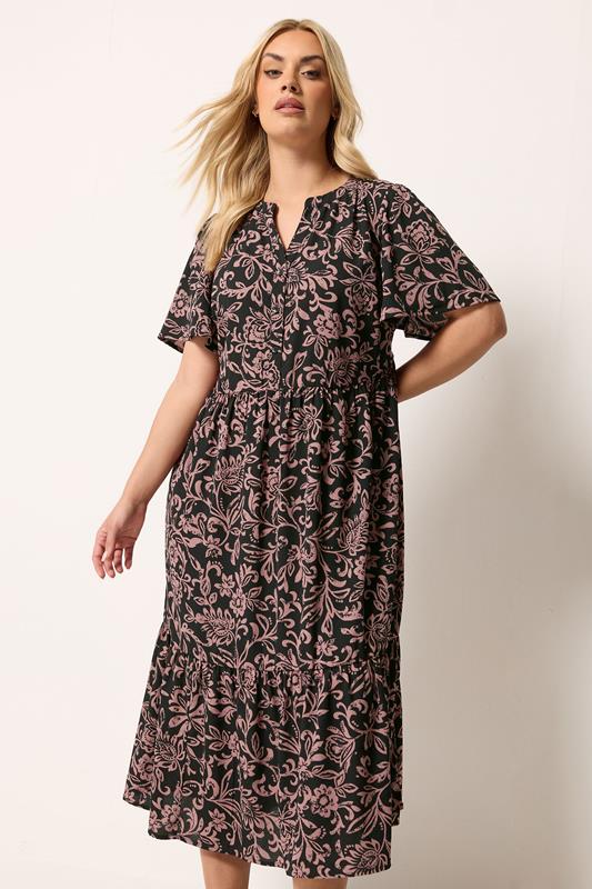YOURS Plus Size Black Abstract Floral Placket Dress | Yours Clothing 1