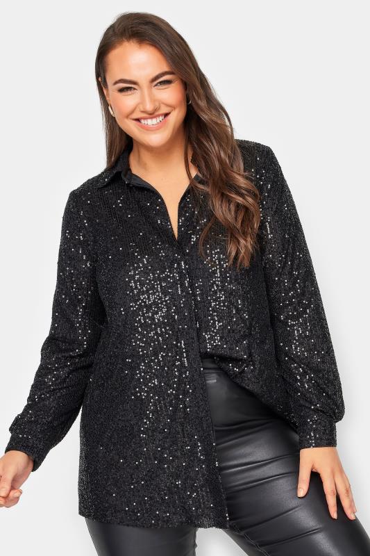 YOURS LONDON Plus Size Black Sequin Embellished Shirt | Yours Clothing 2