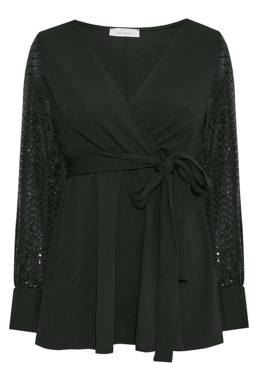 YOURS LONDON Plus Size Black Sequin Sleeve Embellished Wrap Top | Yours Clothing 6
