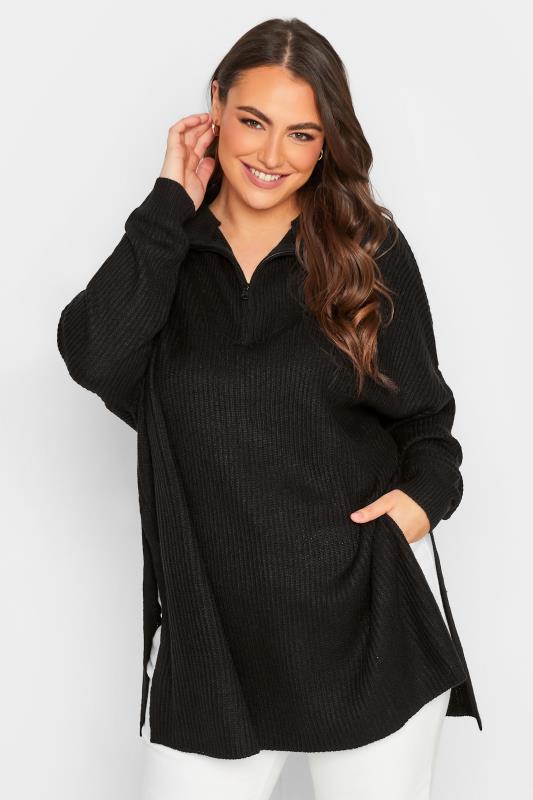 Plus Size Curve Black Quarter Zip Knitted Jumper | Yours Clothing 1