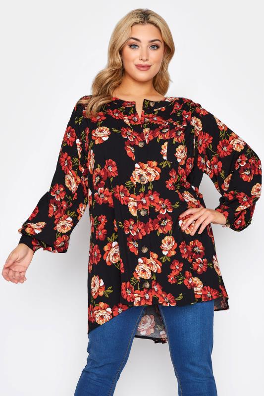 LIMITED COLLECTION Curve Black Floral Smock Tiered Shirt 1