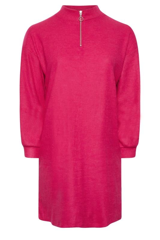 YOURS Plus Size Pink Ribbed Quarter Zip Jumper Dress | Yours Clothing 5