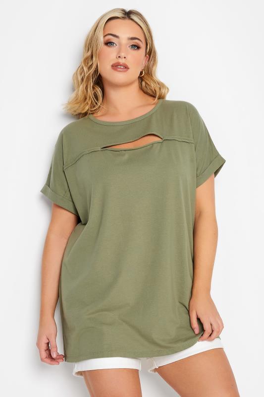 YOURS Plus Size Khaki Green Cut Out T-Shirt | Yours Clothing 2