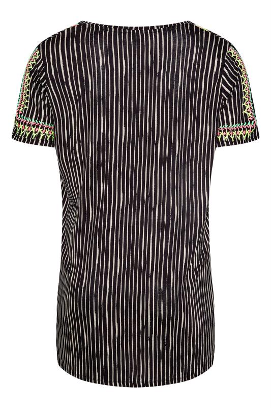 Plus Size Black Stripe Embroidered Tie Neck Top | Yours Clothing  7