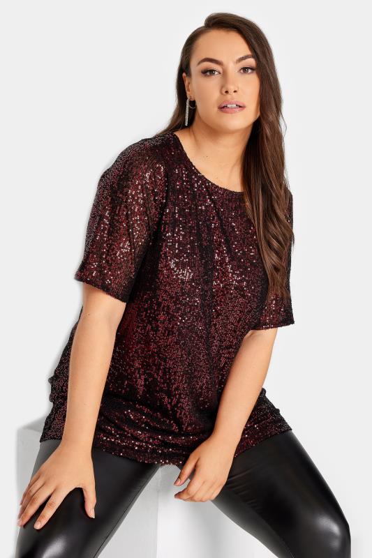 YOURS LONDON Plus Size Burgundy Red Sequin Embellished Swing Top | Yours Clothing 1