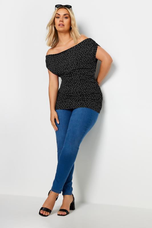 YOURS Plus Size Black Polka Dot Bardot Top | Yours Clothing 2