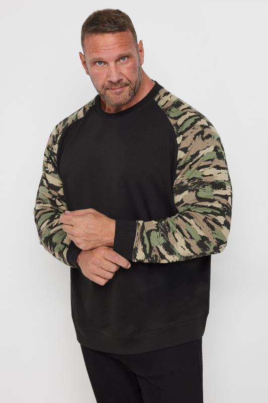 BadRhino Big & Tall Black & Green Camo Sleeve Raglan Sweatshirt | BadRhino 1