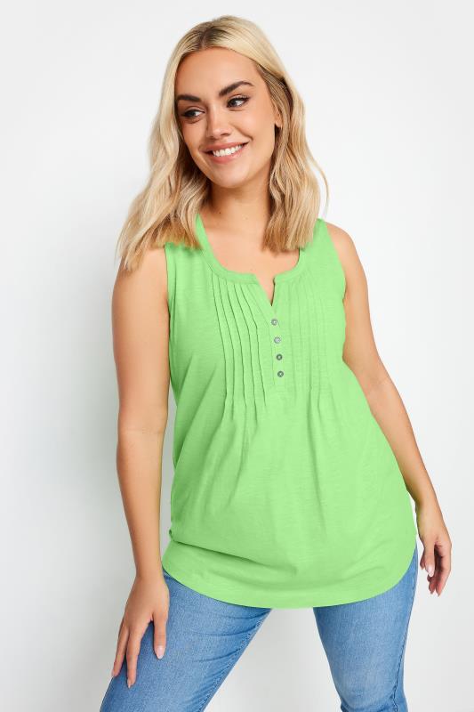 YOURS Plus Size Green Pintuck Henley Vest Top | Yours Clothing 1