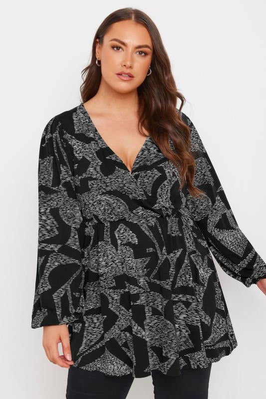  Grande Taille YOURS Curve Black Abstract Print Wrap Top