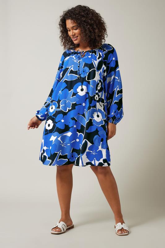EVANS Plus Size Navy Blue Floral Print Tunic Dress | Evans  2
