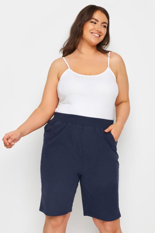YOURS Plus Size Navy Blue Elasticated Cool Cotton Shorts | Yours Clothing 1