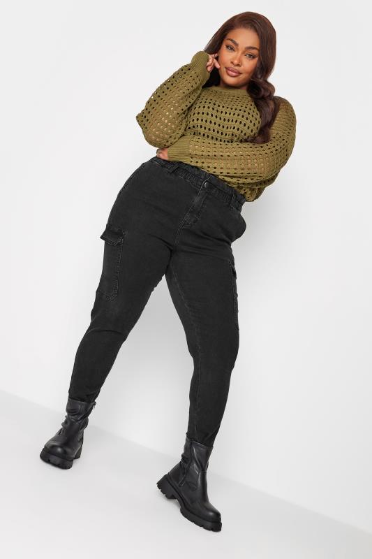 YOURS Curve Plus Size Black Cargo Mom Jeans | Yours Clothing  1