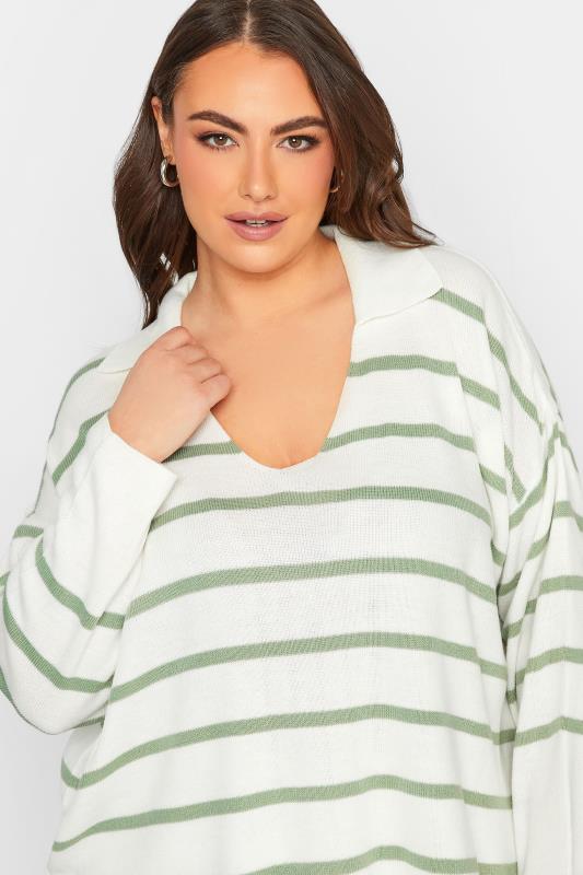 Plus Size Curve White & Green Stripe Collared Jumper | Yours Clothing 4