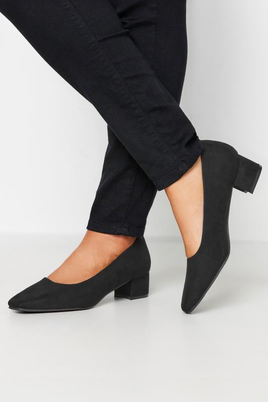 Plus Size  Black Faux Suede Block Heel Court Shoe In Extra Wide EEE Fit