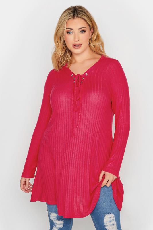 Plus Size Hot Pink Eyelet Tie Detail Soft Touch Top | Yours Clothing 1