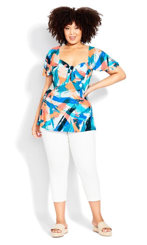 Evans Orange Abstract Print Knot Front Top 1