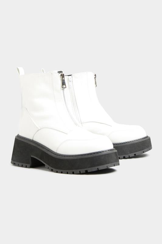 Plus Size  White Croc Leather Look Zip Chunky Boots In Wide E Fit