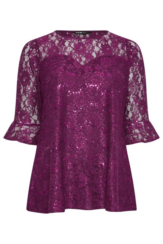 YOURS Plus Size Purple Lace Sequin Embellished Swing Top | Yours Clothing 5