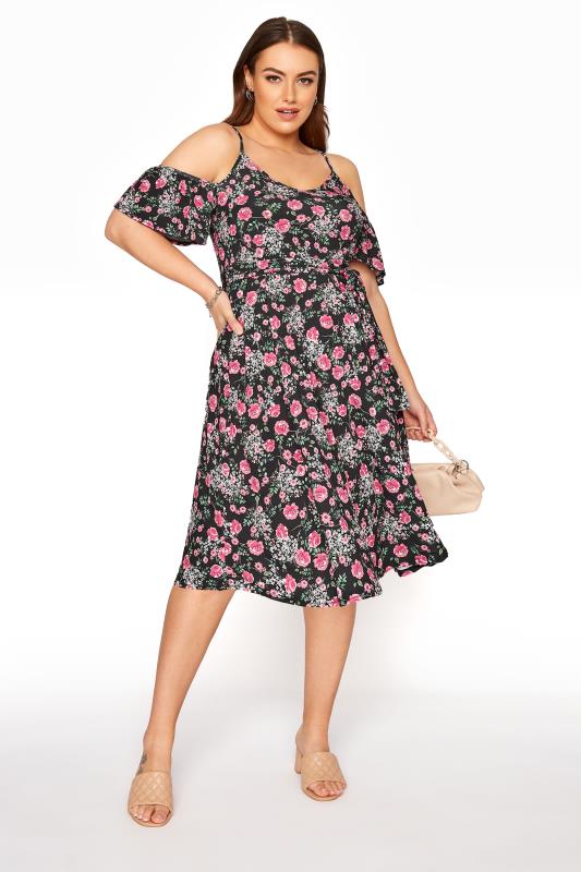 Black Floral Cold Shoulder Midi Dress 