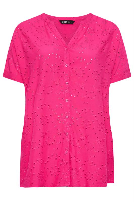 YOURS Curve Hot Pink Broderie Anglaise Notch Neck Shirt | Yours Clothing 5