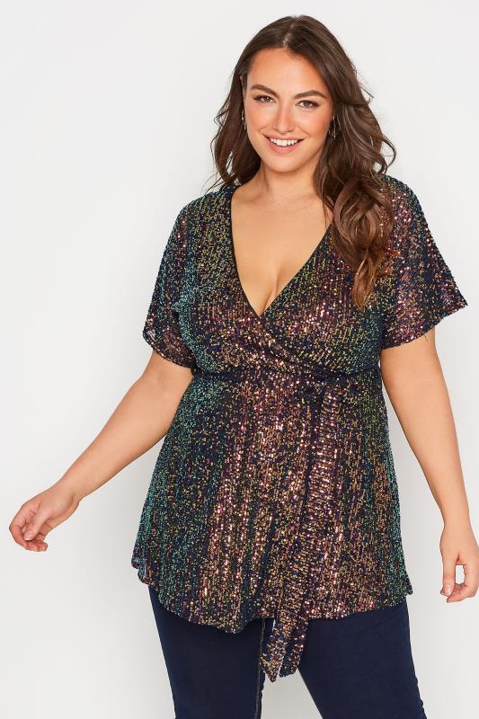  Grande Taille YOURS LONDON Curve Black Multicolour Sequin Embellished Wrap Top